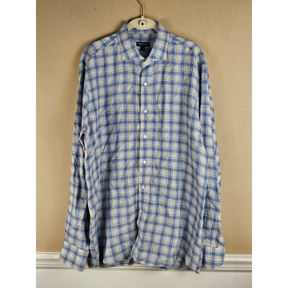 Peter Millar Crown Crafted Blue Tan Plaid Linen Long Sleeve Button Down Shirt Lg